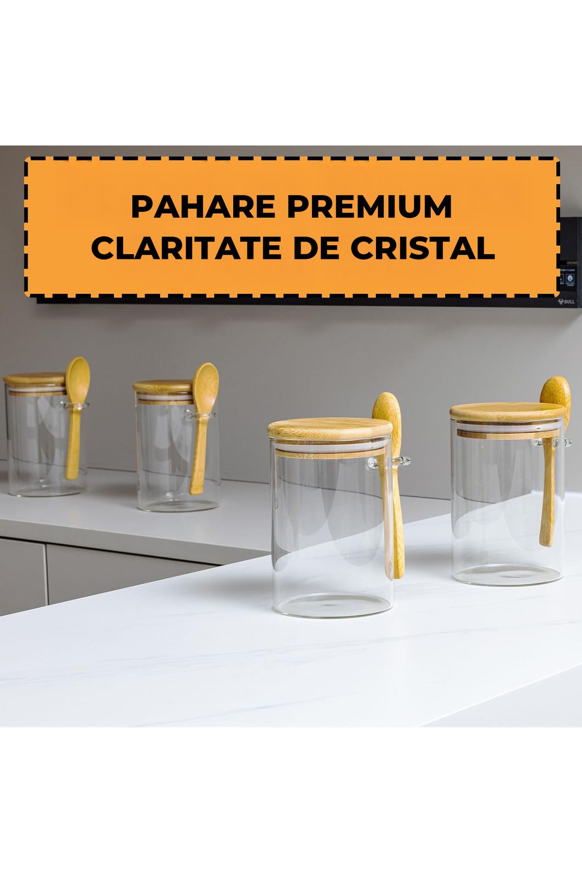 Elindor-Set of 4 Elindor® Glass Containers, Jars with Lids, 470 ml, Dimensions 8.5×8.5×12 cm, Transparent 4