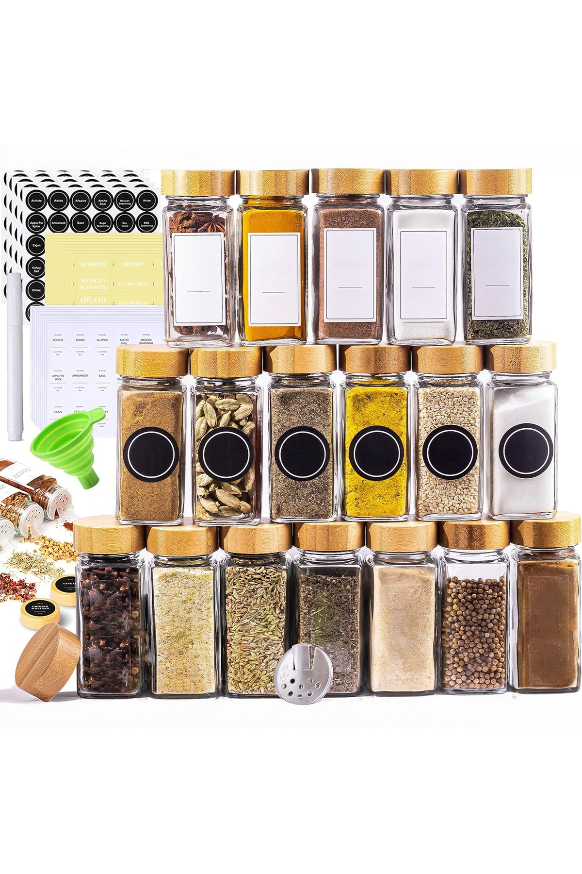 Elindor-Set of 12 Elindor® Glass Spice Containers with Bamboo Lids, Customizable Labels, Transparent 1