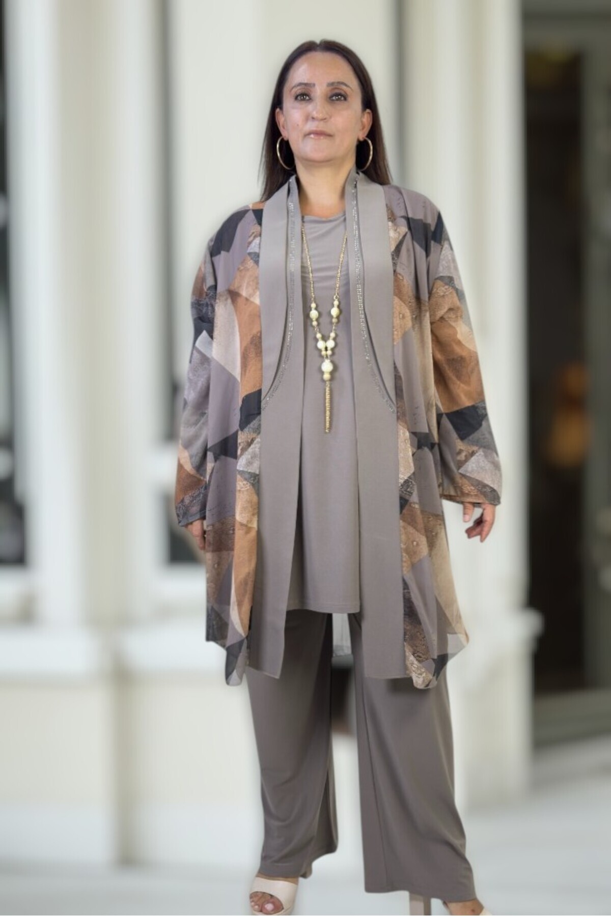 yagmurberen TAŞ İŞLEMELİ ŞAL YAKA ŞİFON CEKET BİSİKLET YAKA UZUN KOL BLUZ BELİ LASTİKLİ PANTOLON 3LÜ TAKIM