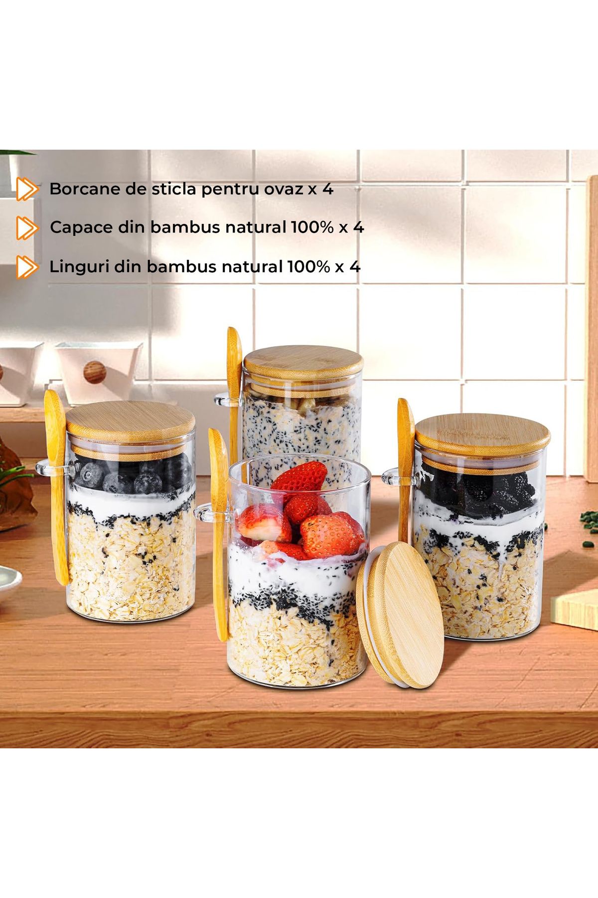 Elindor-Set of 4 Elindor® Glass Containers, Jars with Lids, 470 ml, Dimensions 8.5×8.5×12 cm, Transparent 6
