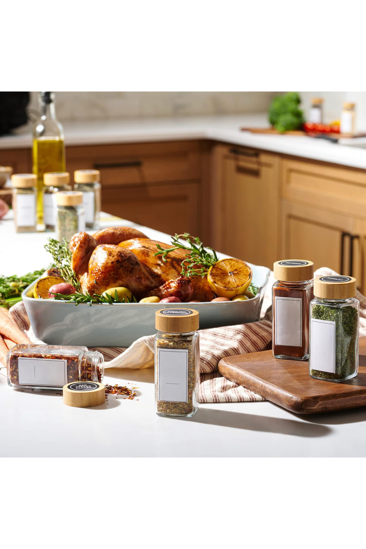 Elindor-Set of 12 Elindor® Glass Spice Containers with Bamboo Lids, Customizable Labels, Transparent 5