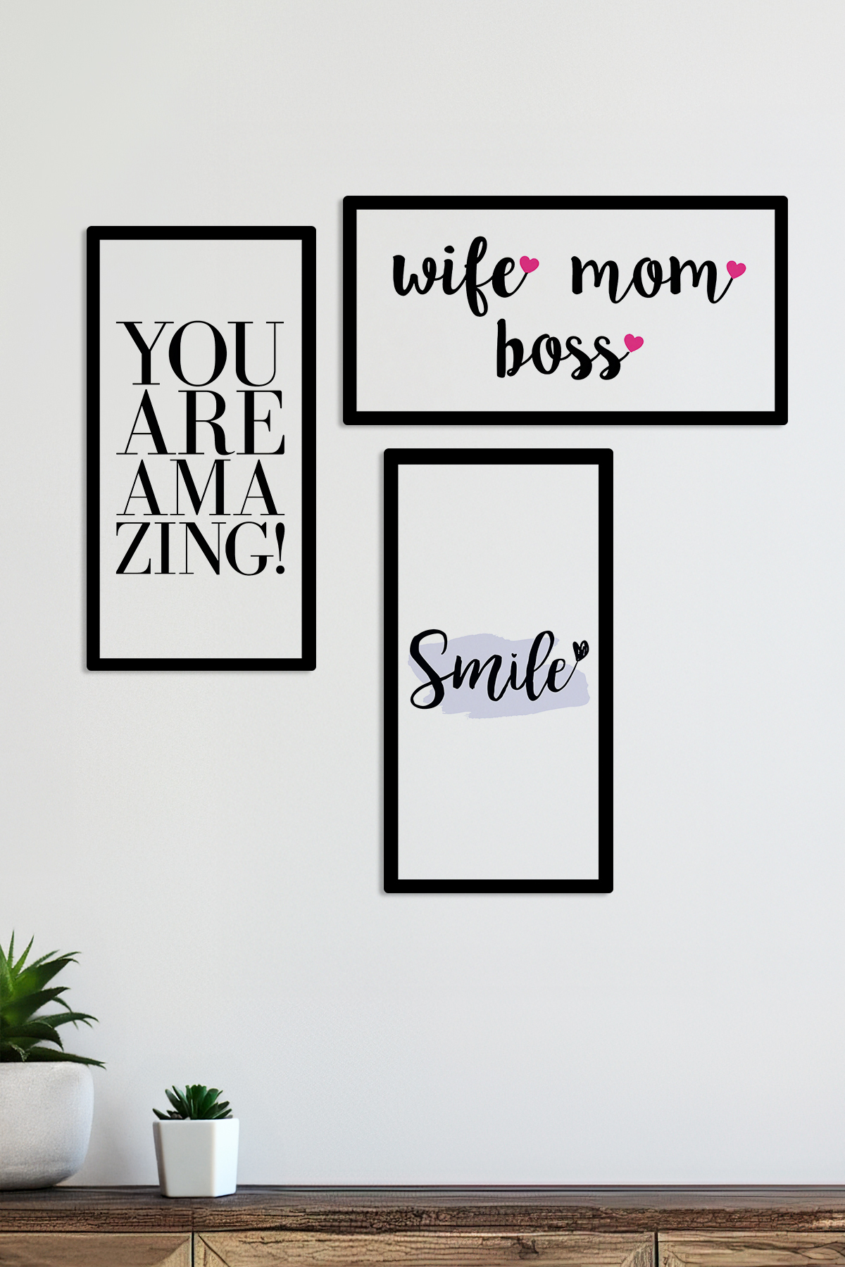 Life MOM BOSS YOU ARE amazing smile Written 3 Pieces MDF Table Set with Wooden Frame Look