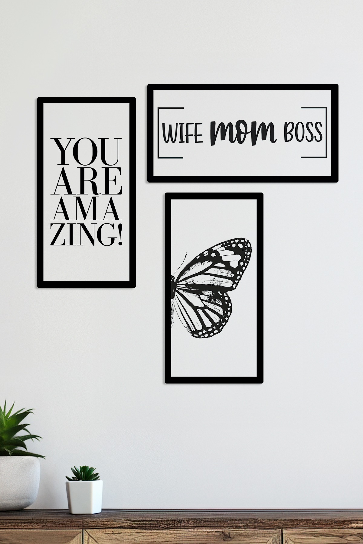 Life MOM BOSS OU ARE amazing BUTTERFLY WING Written 3 Pieces MDF Painting Set with Wooden Frame Look