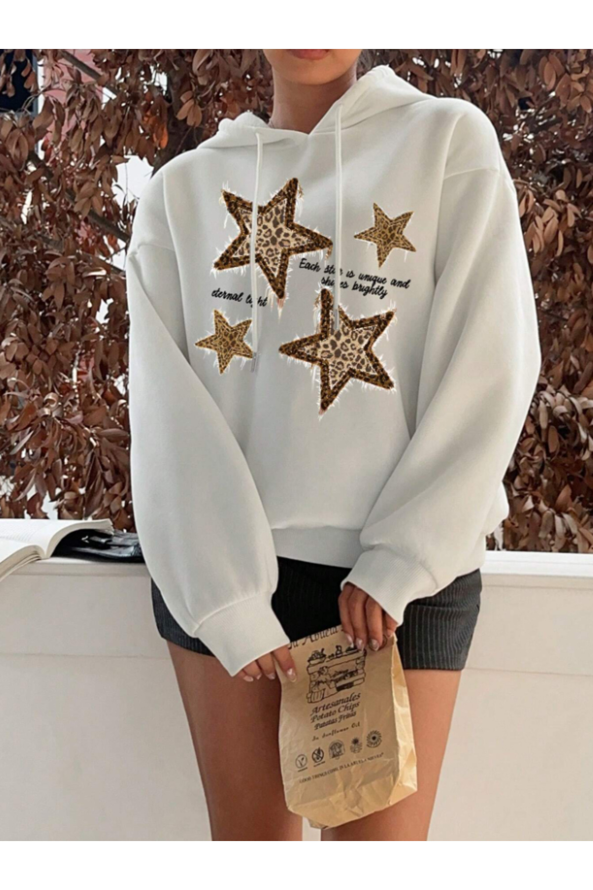 Revasser  Unisex Erkek/Kadın LEOPAR YILDIZ Renkli Özel Baskılı Pamuklu Oversize Kapüşonlu Sweatshirt - Görsel 4