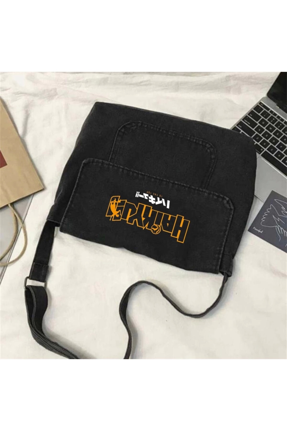 1blood Haikyuu Baskılı Vintage Unisex Gri Kot Postacı Çantası görsel 5