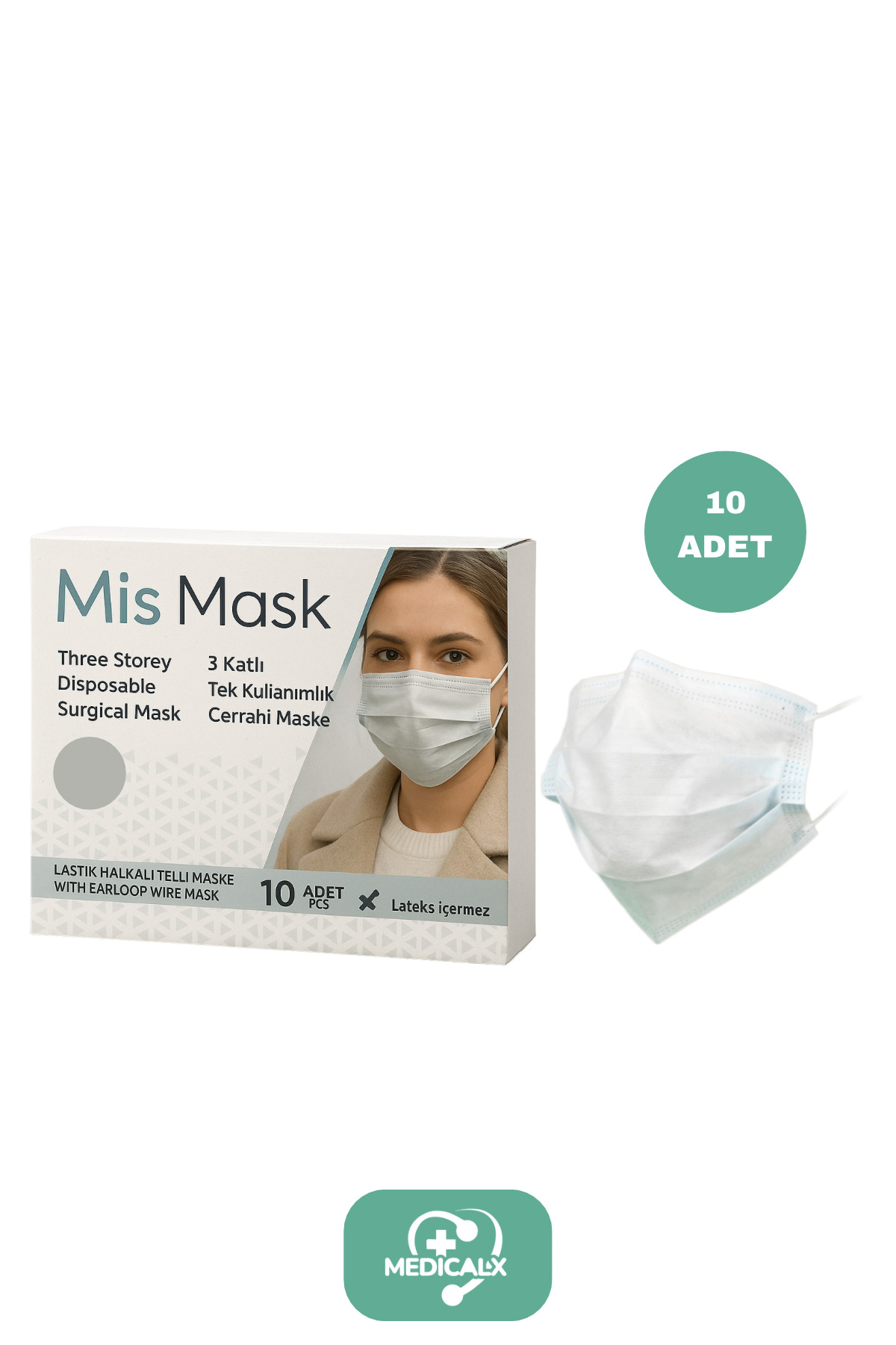 マスク-3 Medicalx 3 Katlı Lastik Halkalı Telli Beyaz Cerrahi Maske 10'lu