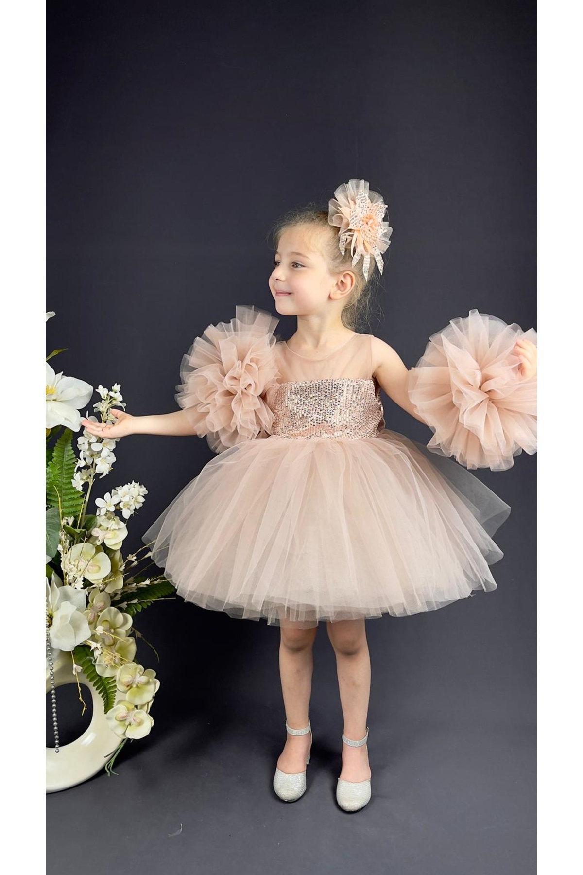 Mnk Baby&Kids Şifon Robalı Ponpon Kol Pul Payetli Kız Çocuk Kabarık Etek Tütülü Abiye PUDRA fotoğrafı 6 (önizleme)