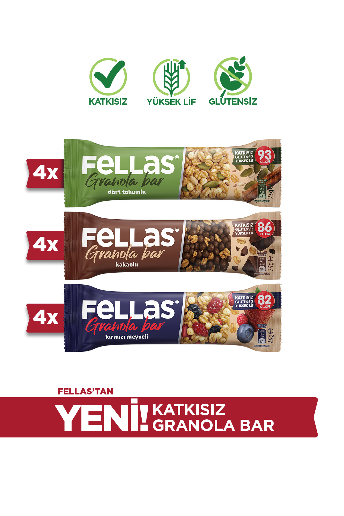 Fellas Granola Bar Protein Kaynağı 23 g Karma Kutu 3 x 4 adet