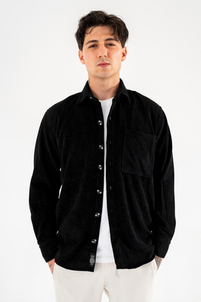 Souris Erkek Fitilli Kadife Gömlek Rahat Kalıp Tek Cepli Siyah