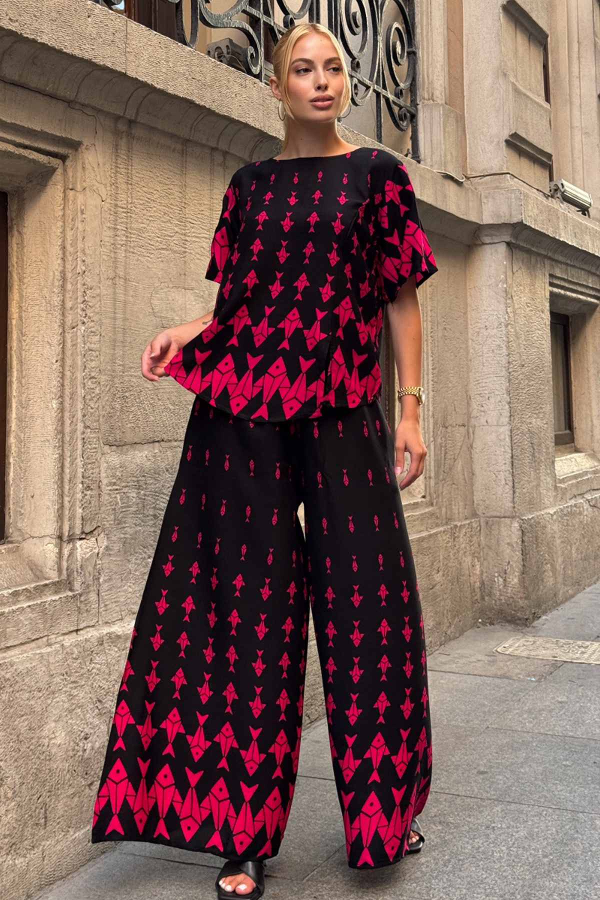 bacc-Fuchsia Crew Neck Patterned Blouse and Pants Set Bcvl-254002 4