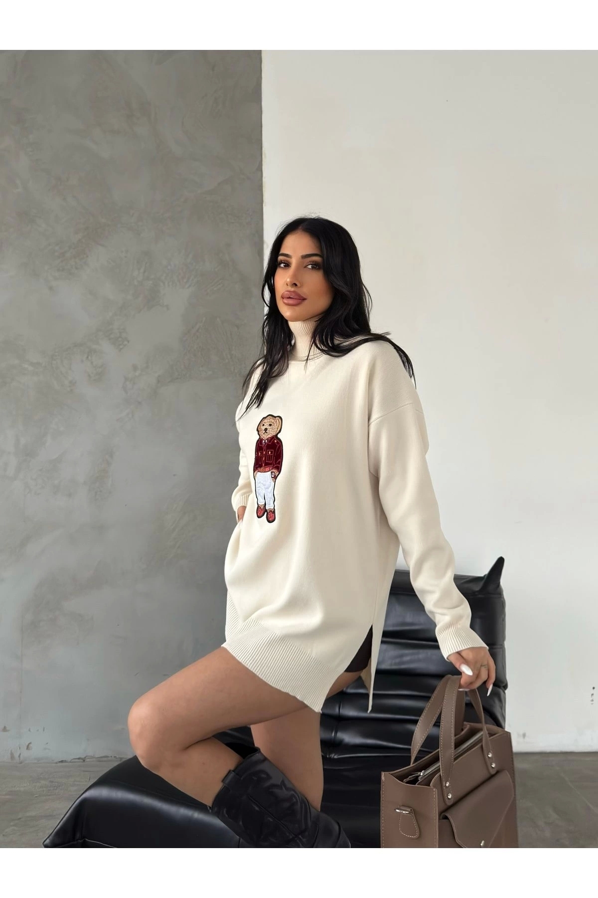 URİS  Kadın Ekru Oversize Ayıcıklı Oversize Balıkçı Yaka Triko Kazak - Görsel 6