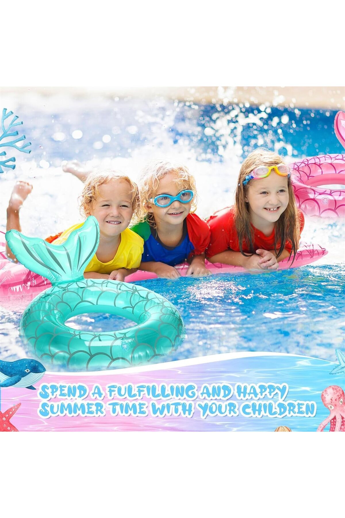 erorex-5 Pack Pool Floats Include 4 Pcs Mermaid Inflatable Swimming Rings 1 Pcs Pool Party Float Raft 3