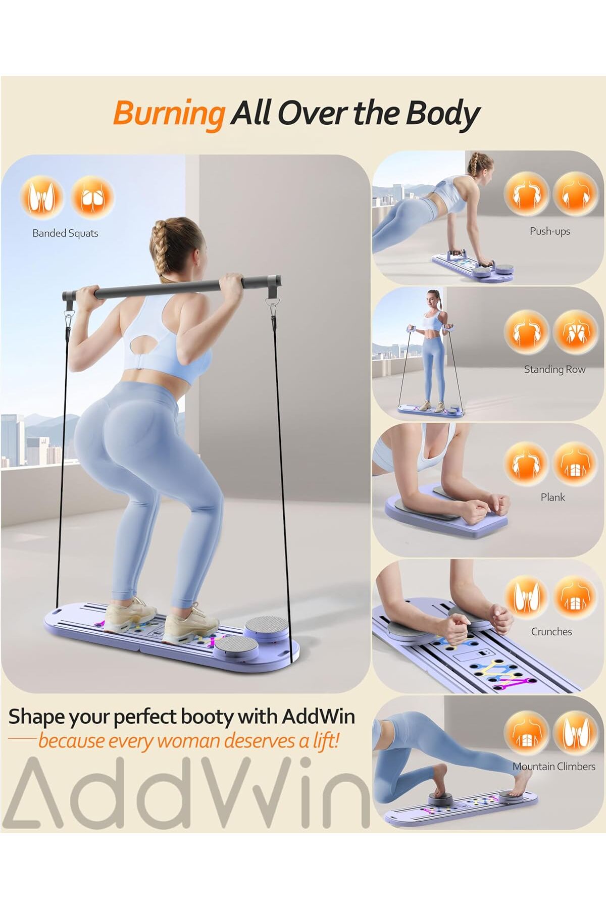 لوح بيلاتيس 5 في 1 لتمارين البطن واللياقة قابل للطي مع عصا بيلاتيس و حبل مقاومة مدرب شخصي AP-01