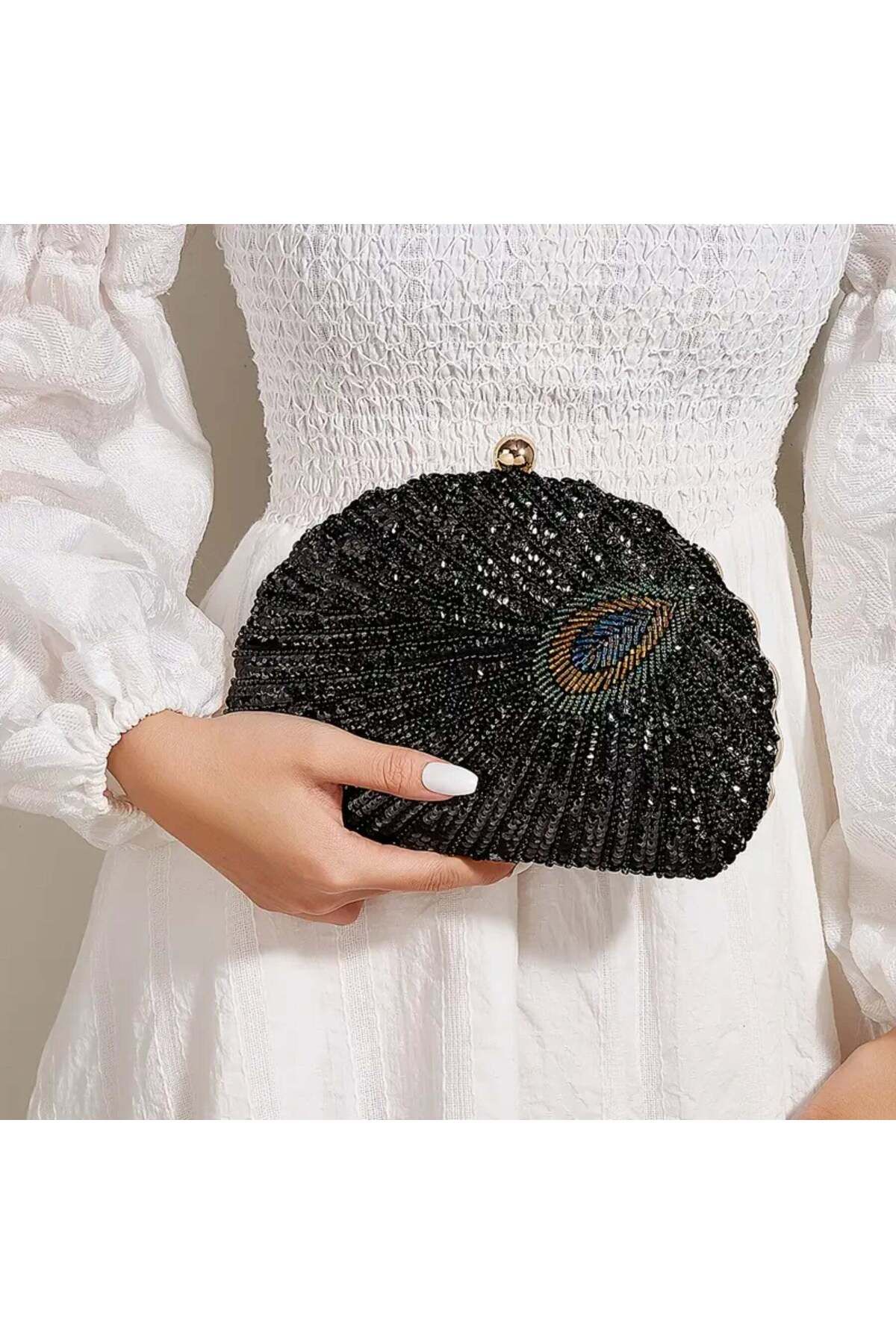 Just Pretty Corner-Elegant Peacock Feather Sequin Evening Clutch with Removable Strap 1