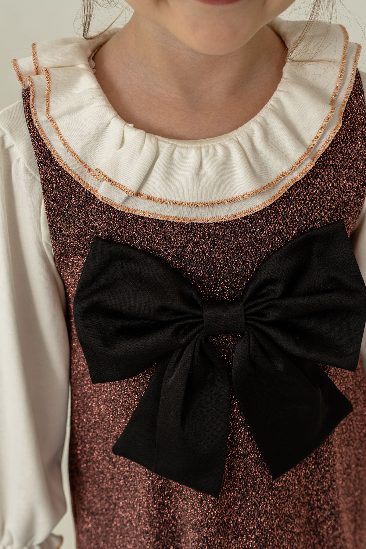 Eray Kids Kız Çocuk Fırfırlı Yaka Gömlekli Simli Jile Bayramlık Elbise 2'li Takım(2-5 Yaş) fotoğrafı 2 (önizleme)