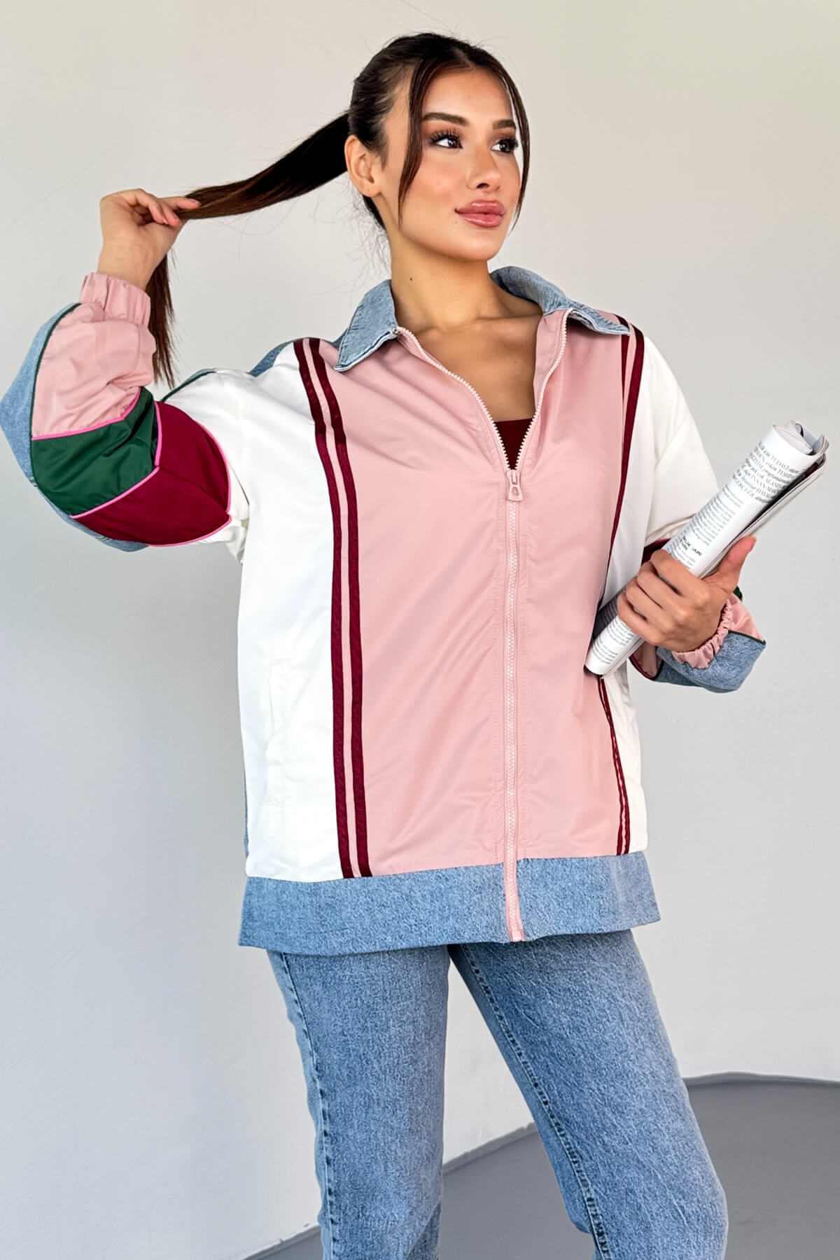 Cappmoda-Ckt-2783 Color Block Denim Collar Bomber Jacket 7