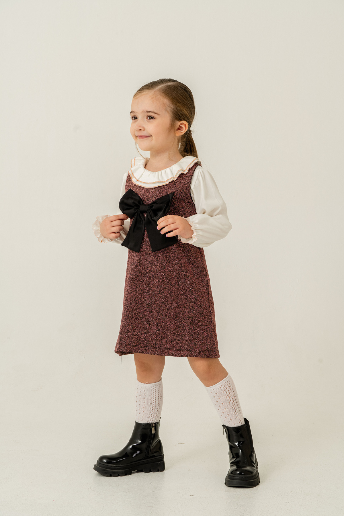 Eray Kids Kız Çocuk Fırfırlı Yaka Gömlekli Simli Jile Bayramlık Elbise 2'li Takım(2-5 Yaş) fotoğrafı 4 (önizleme)