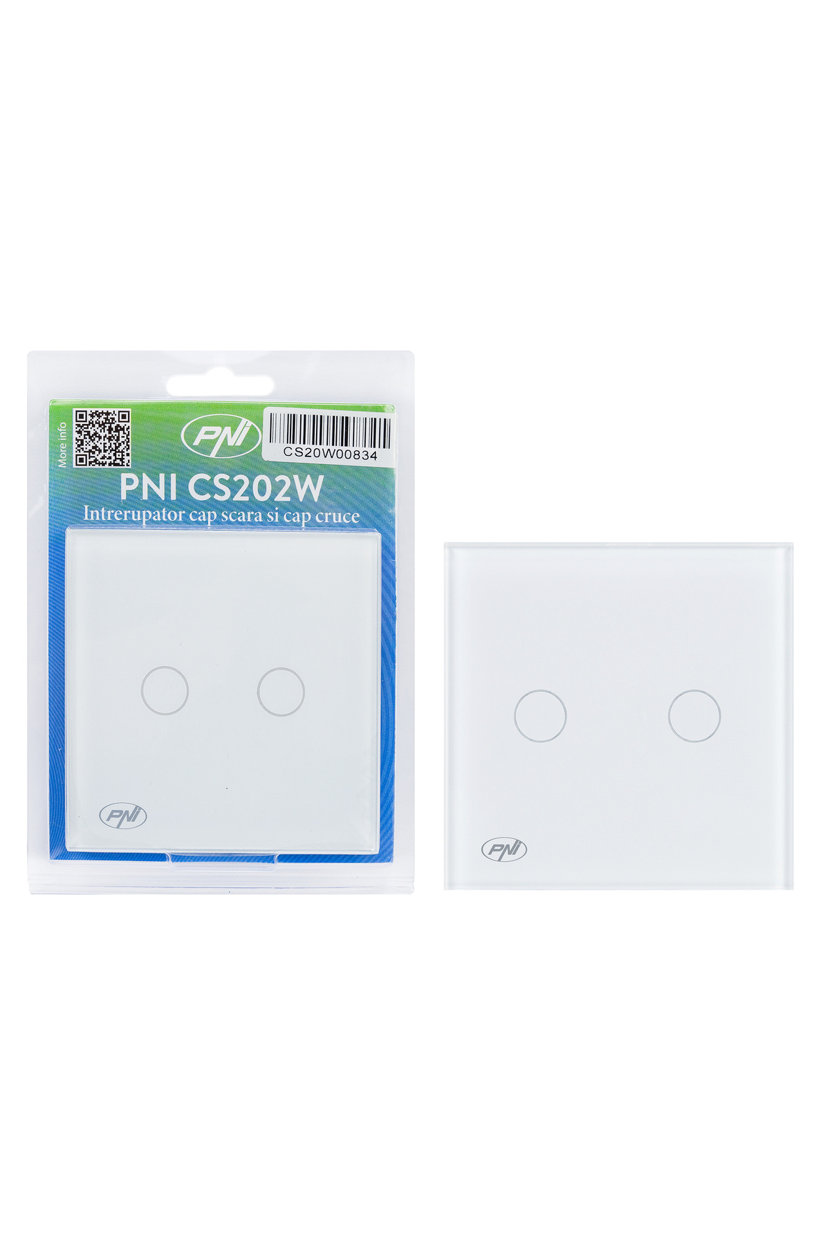 PNI-Double switch with touch CS202W glass, white with LED indicator, 800W / switch 1