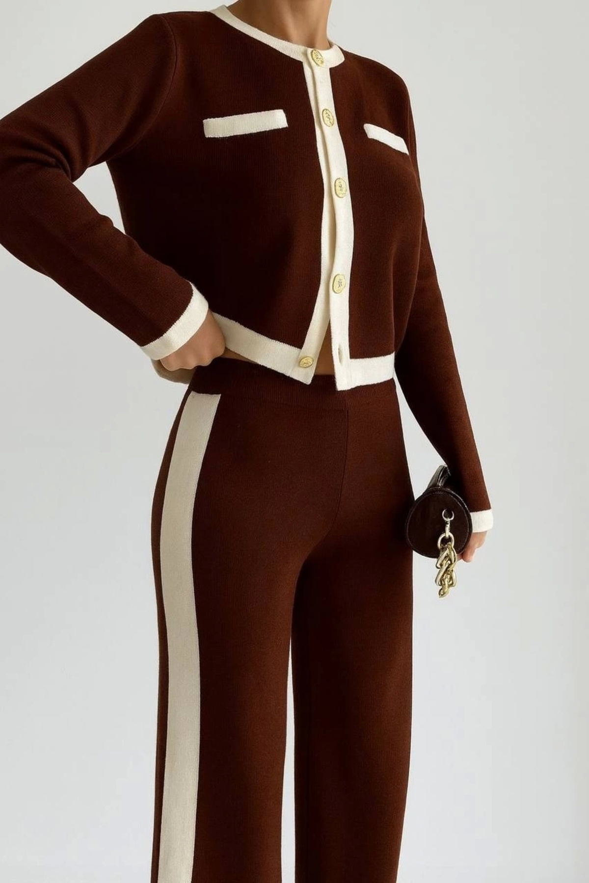 Women's Brown Gold Button Detailed Cardigan Pants Bottom Top Double Knitwear Set