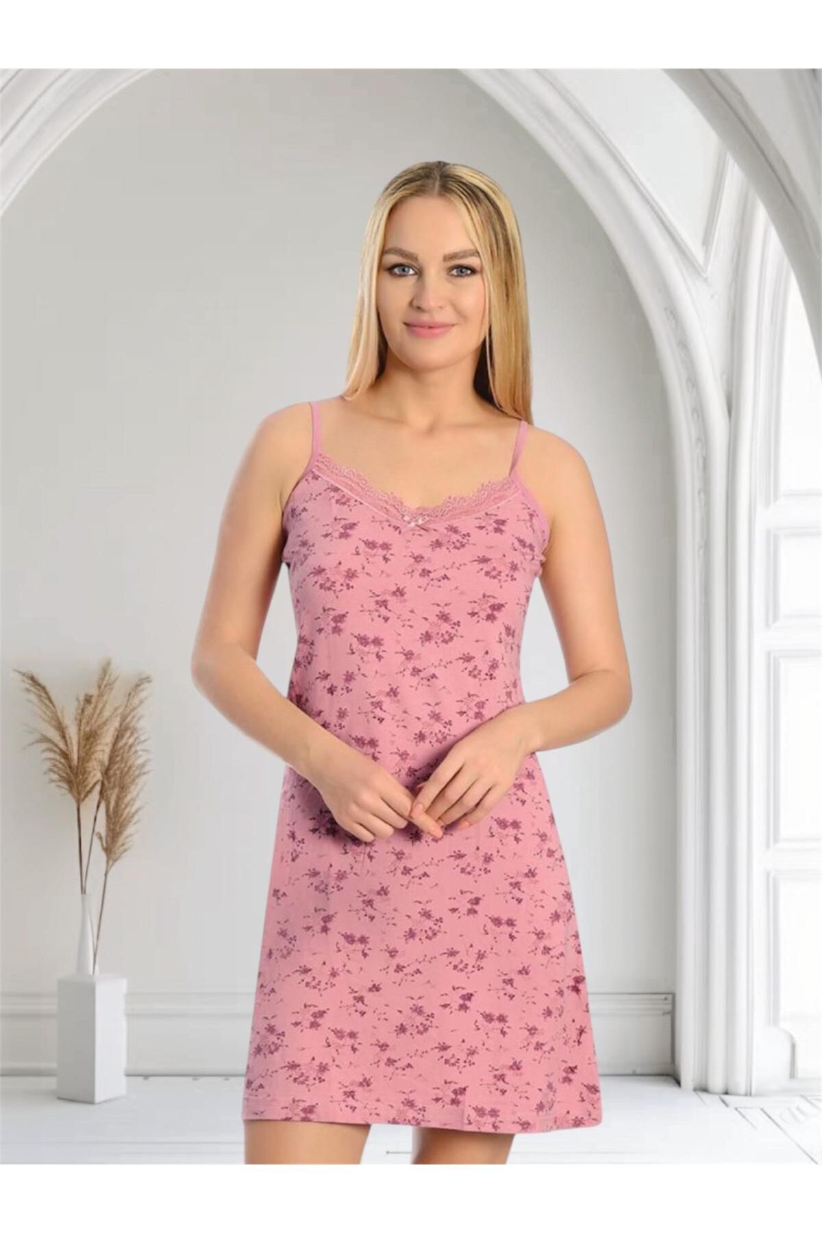 Gold Night Kadın Dantelli Pamuklu Likralı İp Askılı Elbise Gecelik