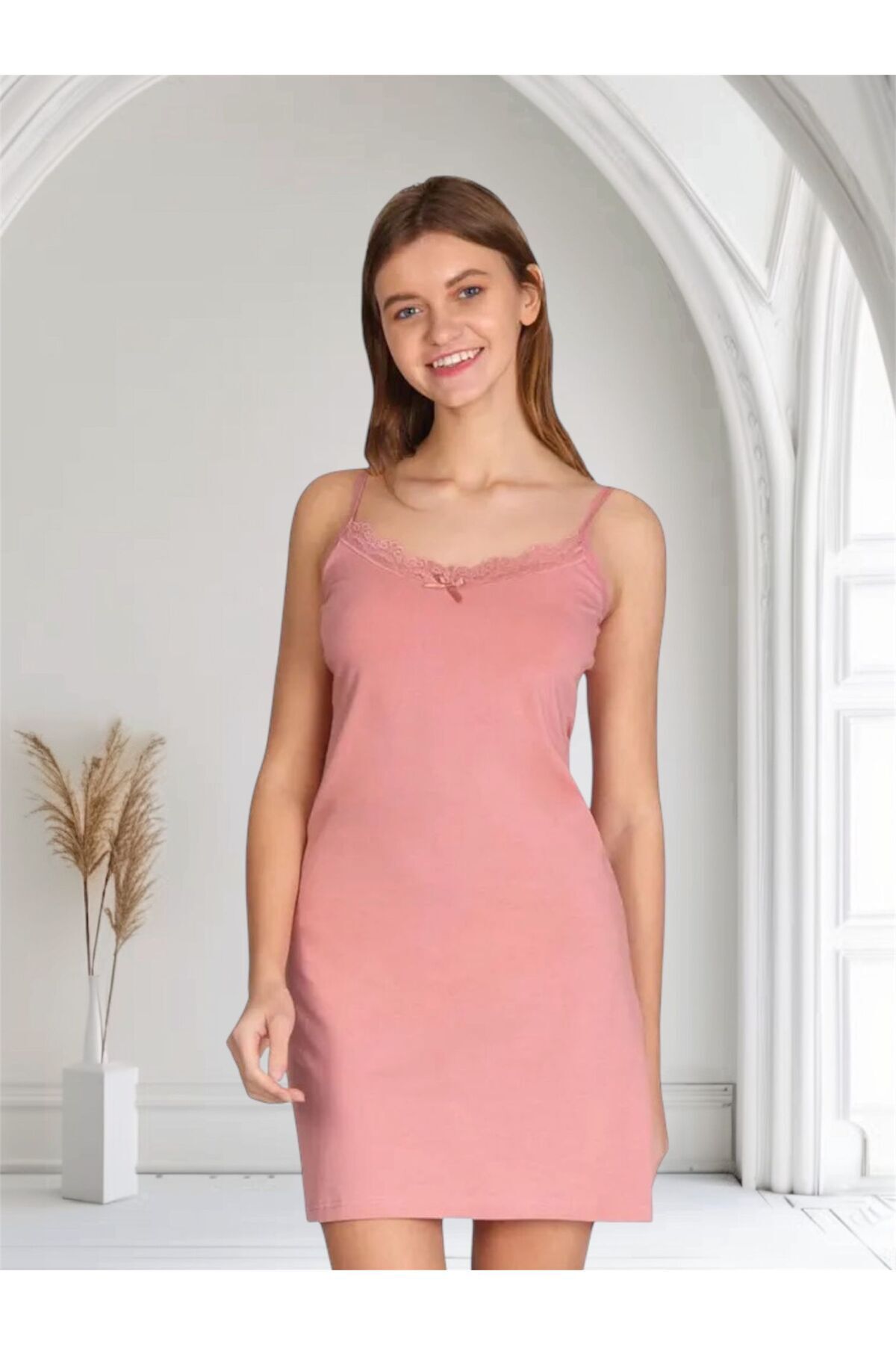 Gold Night Kadın Dantelli Pamuklu Likralı İp Askılı Elbise Gecelik