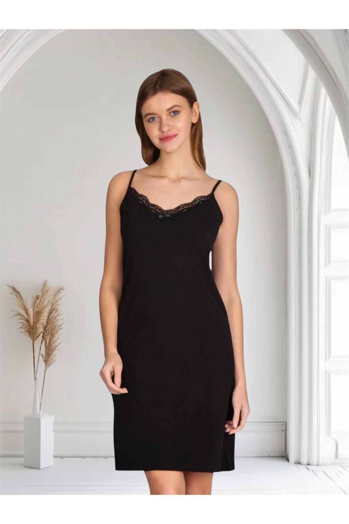 Gold Night Kadın Dantelli Pamuklu Likralı İp Askılı Elbise Gecelik