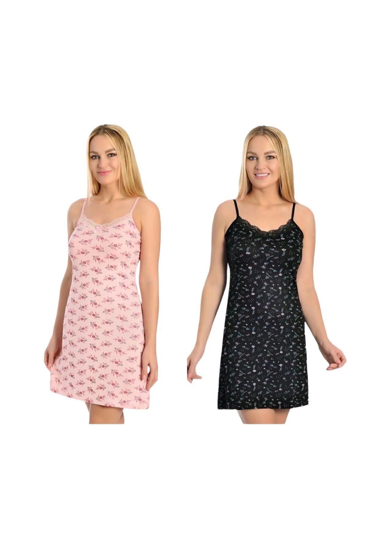 Gold Night Siyah Pembe Dantelli Ip Askılı Likralı Penye Gecelik 2 Li Paket