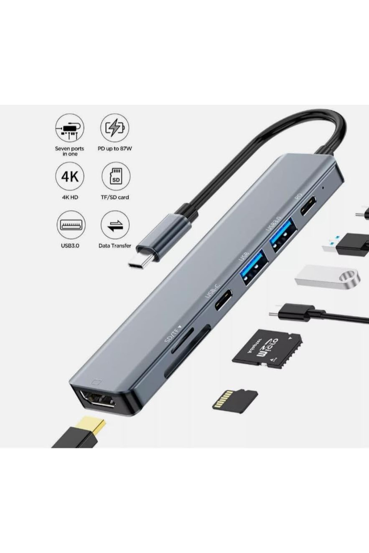 Denx-موزع USB C، محول متعدد المنافذ 7 في 1 مع USB-C الى 4K HDMI، قارئ بطاقات 7