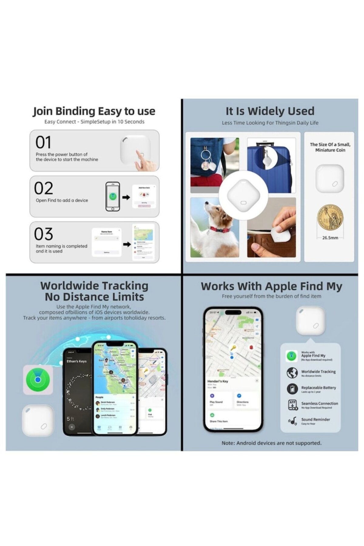 OEM-Object Locator Compatible with Apple Find My, with Strap, 3×3 cm, White – Replaceable Battery 210 3