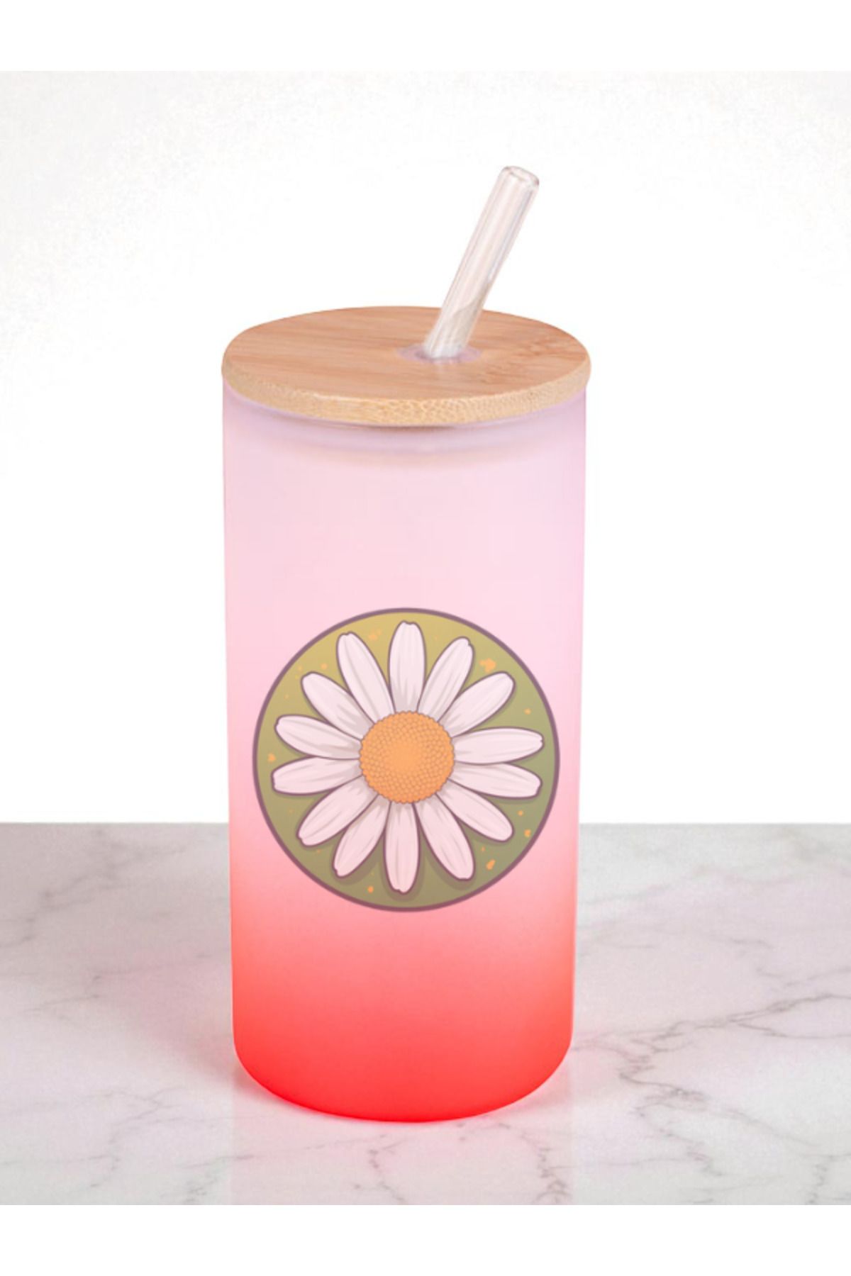 lili hediyelik-Shiny Daisy Printed 600 ml Glass Flask - Water Flask, Drinking Flask, Glass Flask with Straw 1