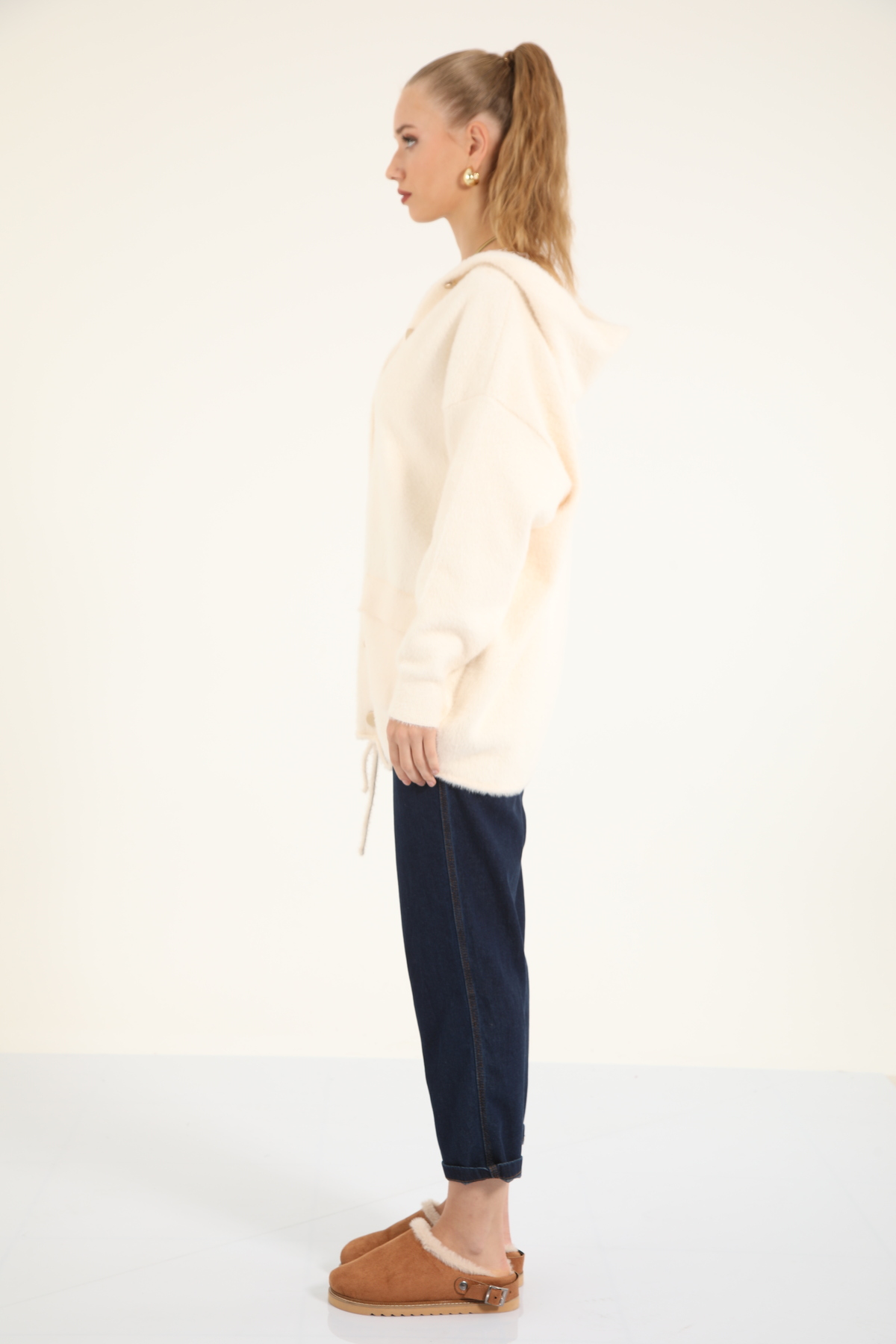 Suede Style 40936 - Şık Rahat Kapüşonlu Kadın Triko Ceket görsel 7