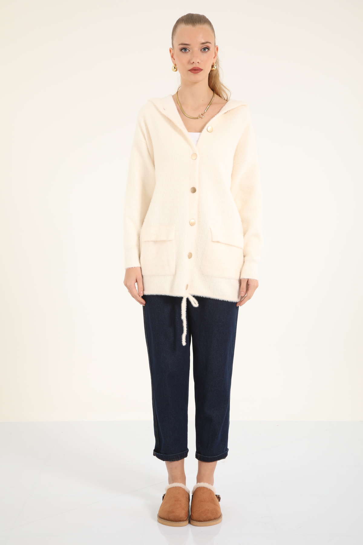 Suede Style 40936 - Şık Rahat Kapüşonlu Kadın Triko Ceket görsel 5