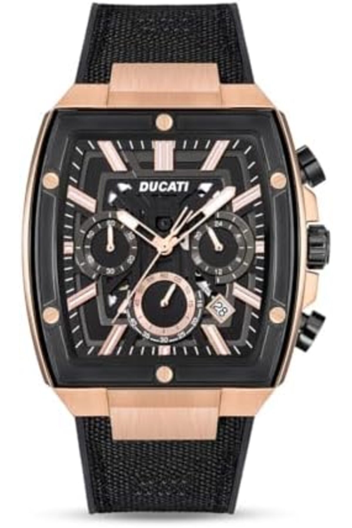 ساعت کرونوگراف مردانه DT005 - صفحه مشکی با تزئینات رزگلد، مقاوم در برابر آب تا ۵۰ متر