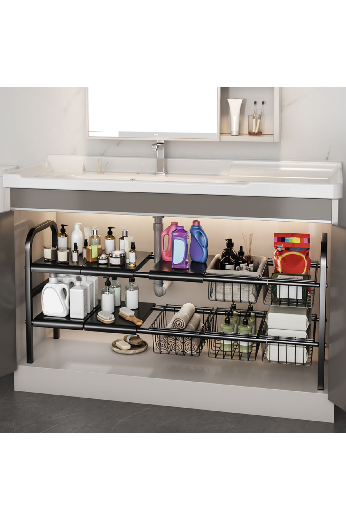 Choice-Adjustable and Expandable Multi-Function Under Sink Organizer Shelf Black 1
