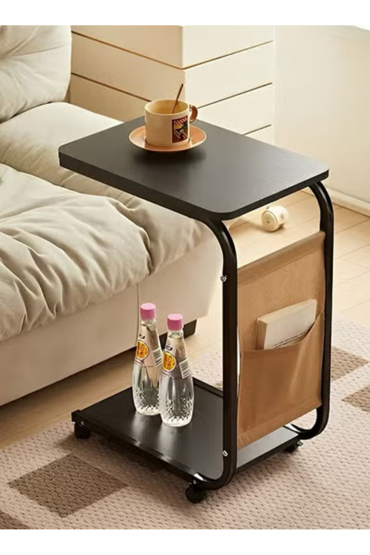 Taimi-C-Shaped Side Table with Wheels and Storage Bag, Modern Design Coffee 1