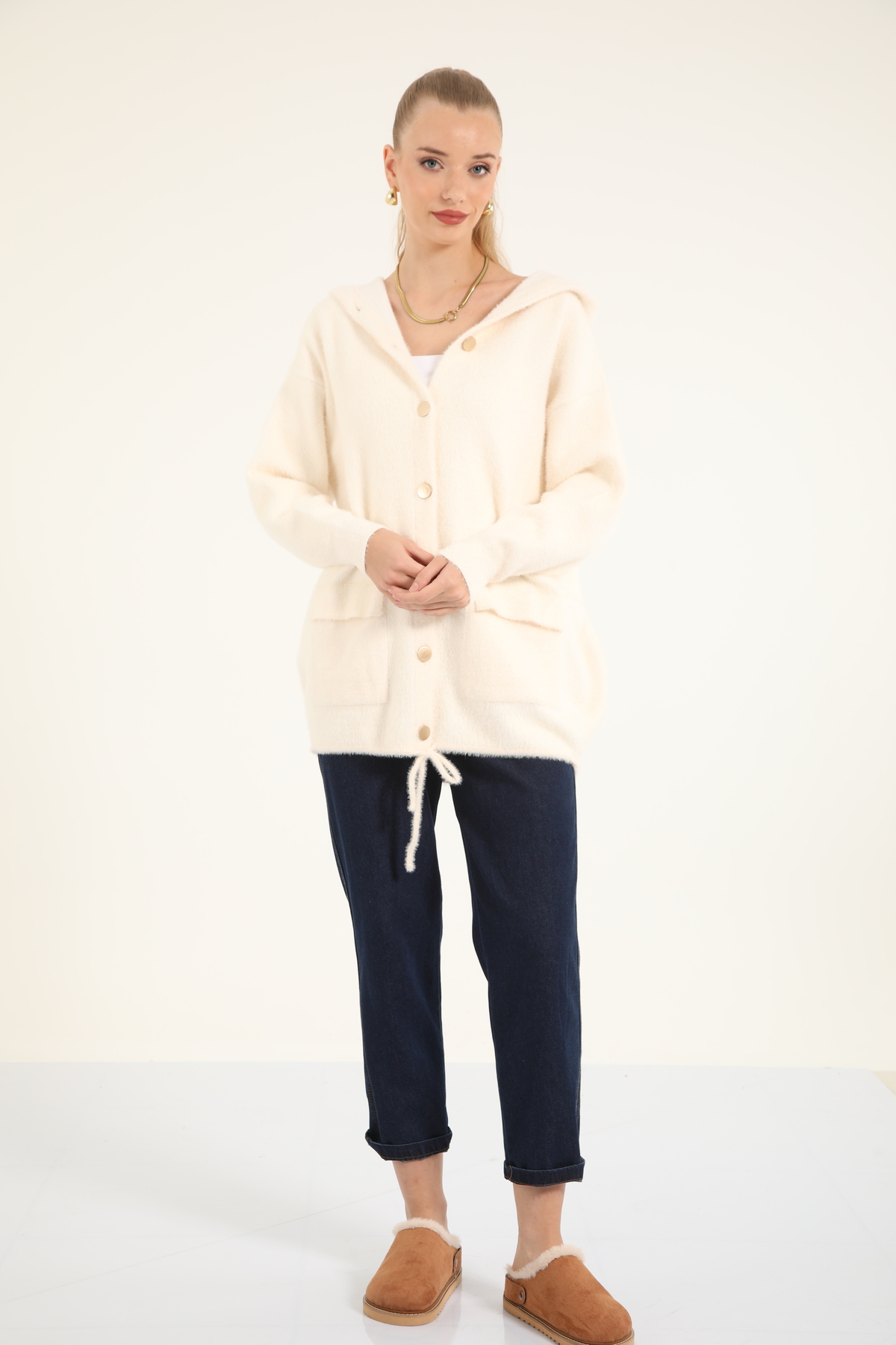 Suede Style 40936 - Şık Rahat Kapüşonlu Kadın Triko Ceket görsel 6