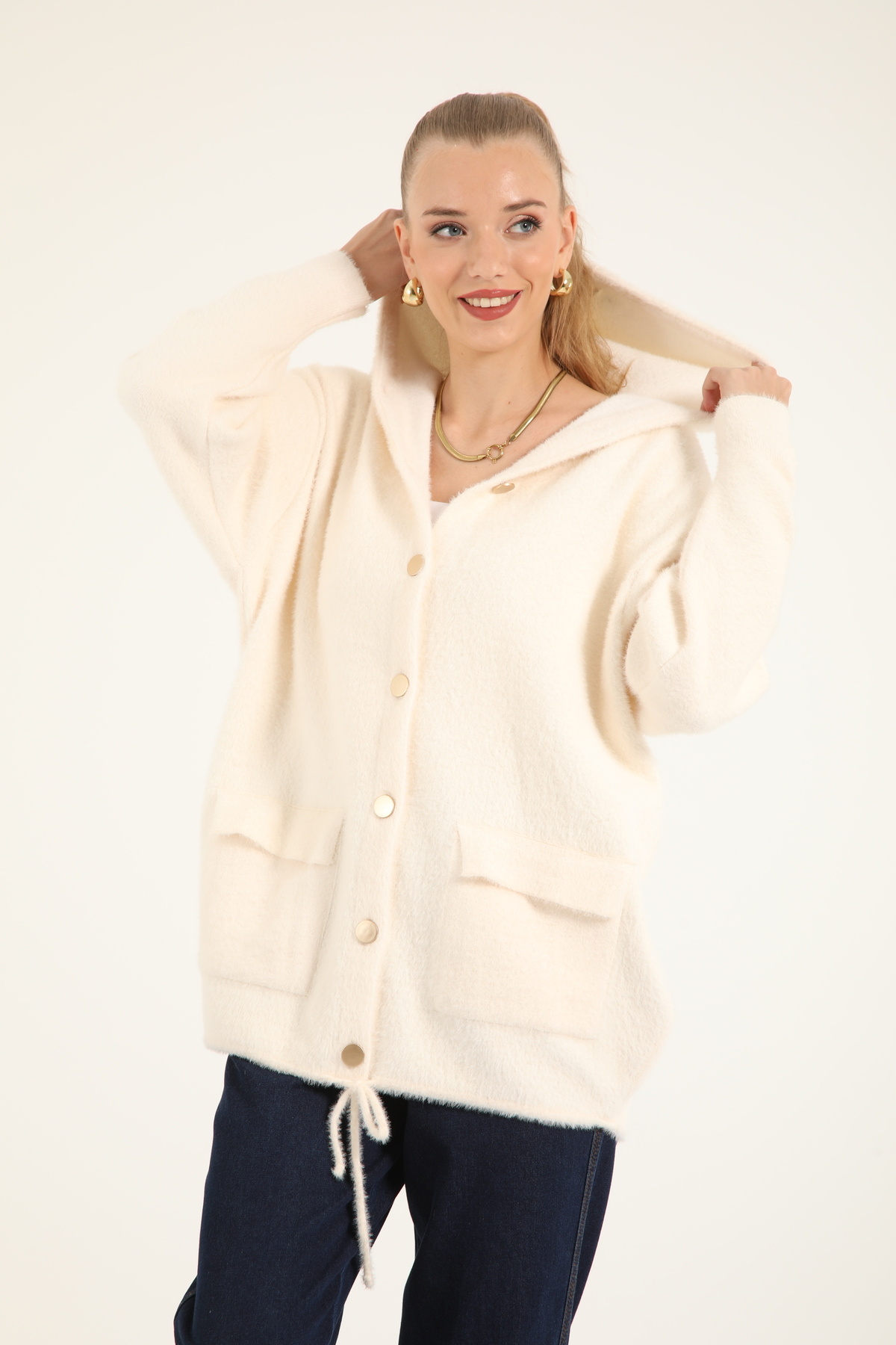 Suede Style 40936 - Şık Rahat Kapüşonlu Kadın Triko Ceket görsel 3