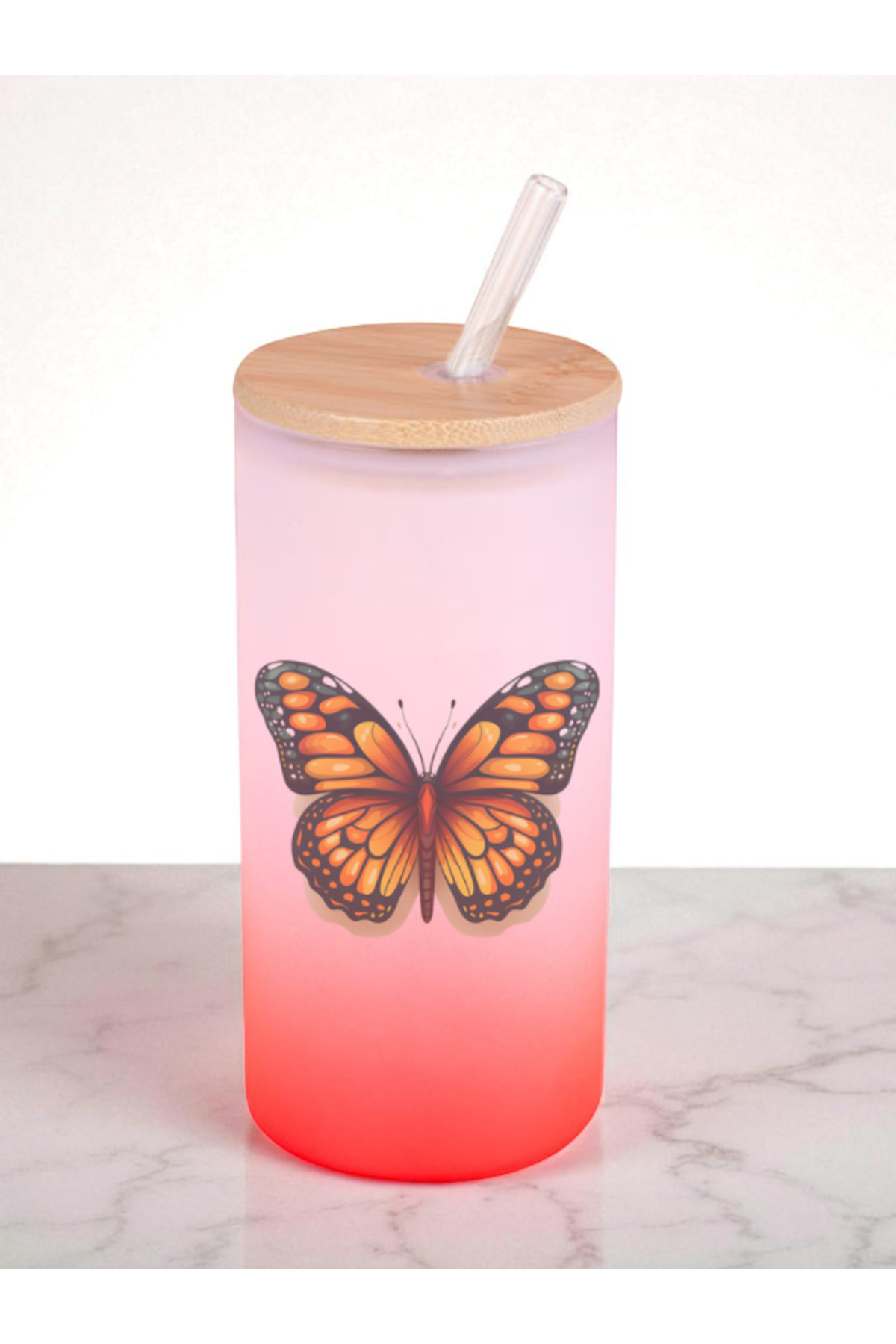 lili hediyelik-Orange Butterfly Printed 600 ml Glass Flask - Water Flask, Drinking Flask, Glass Flask with Straw 1