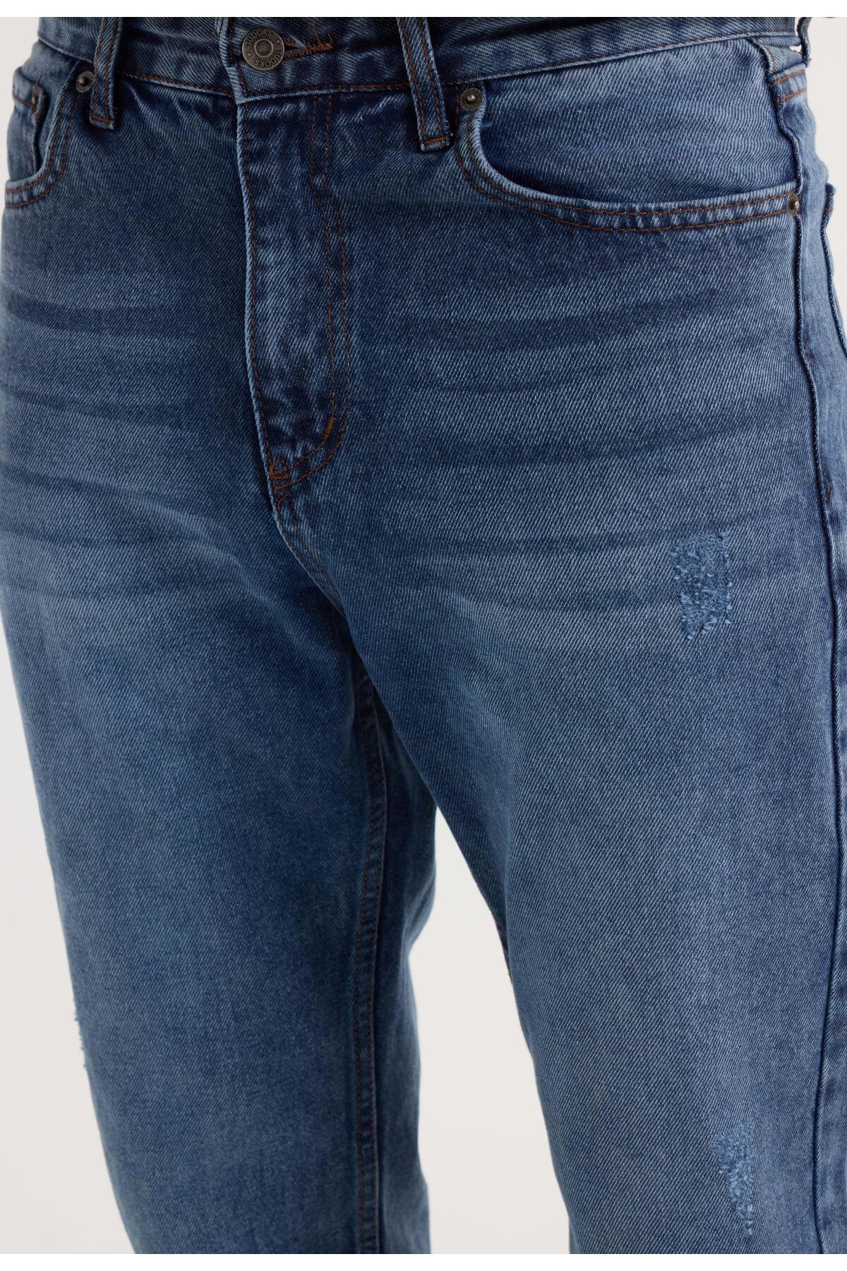 Tudors  Erkek Regular Fit %100 Pamuk Yan Cepli Baggy Lacivert Jean Kot Pantolon - Görsel 3