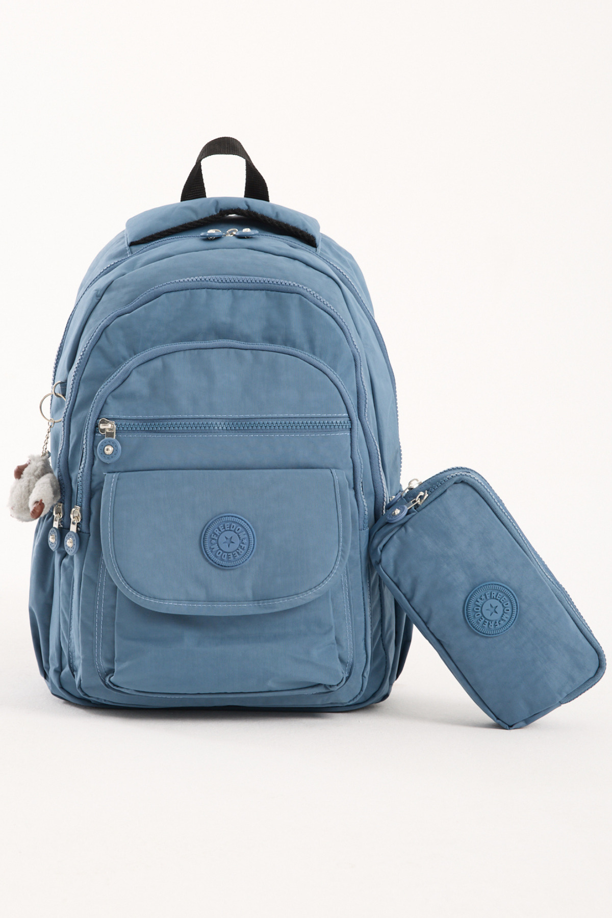 Çanta Trend 2'lİ Set Lüx Krinkıl Kumaş Lise Ve Ortaokul Sırt Çantası + Kalemlik, Maymun Anahtarlık Hediyeli