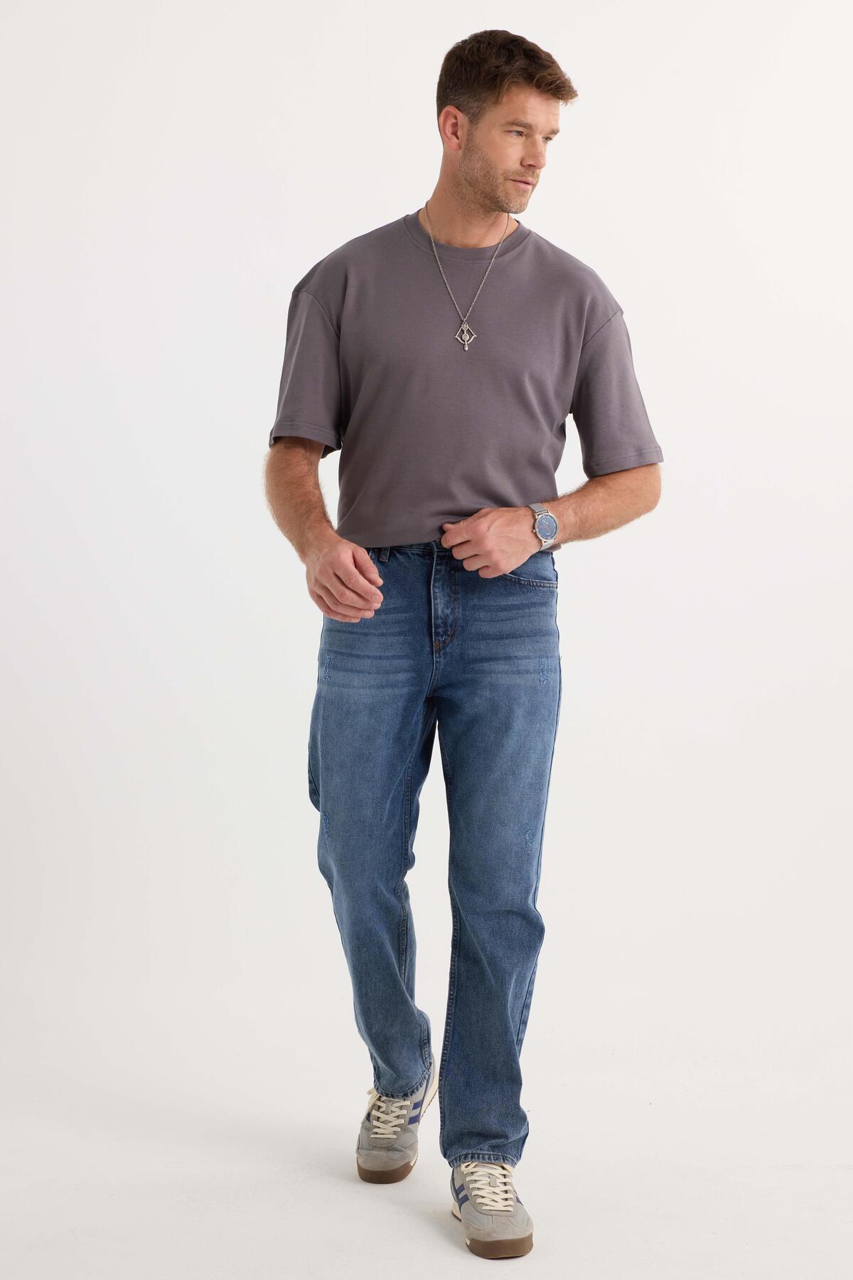 Tudors  Erkek Regular Fit %100 Pamuk Yan Cepli Baggy Lacivert Jean Kot Pantolon - Görsel 5