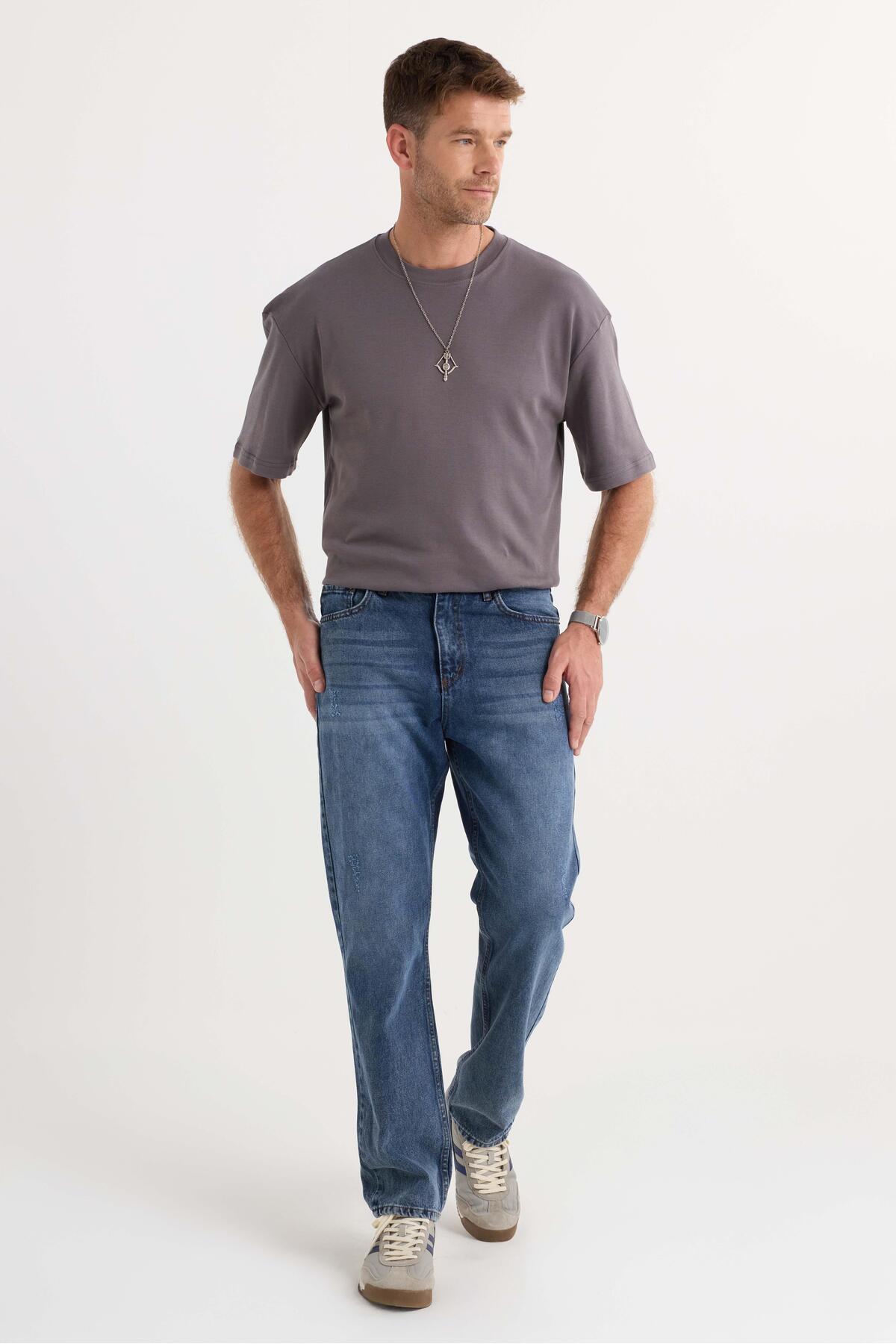 Tudors  Erkek Regular Fit %100 Pamuk Yan Cepli Baggy Lacivert Jean Kot Pantolon - Görsel 2