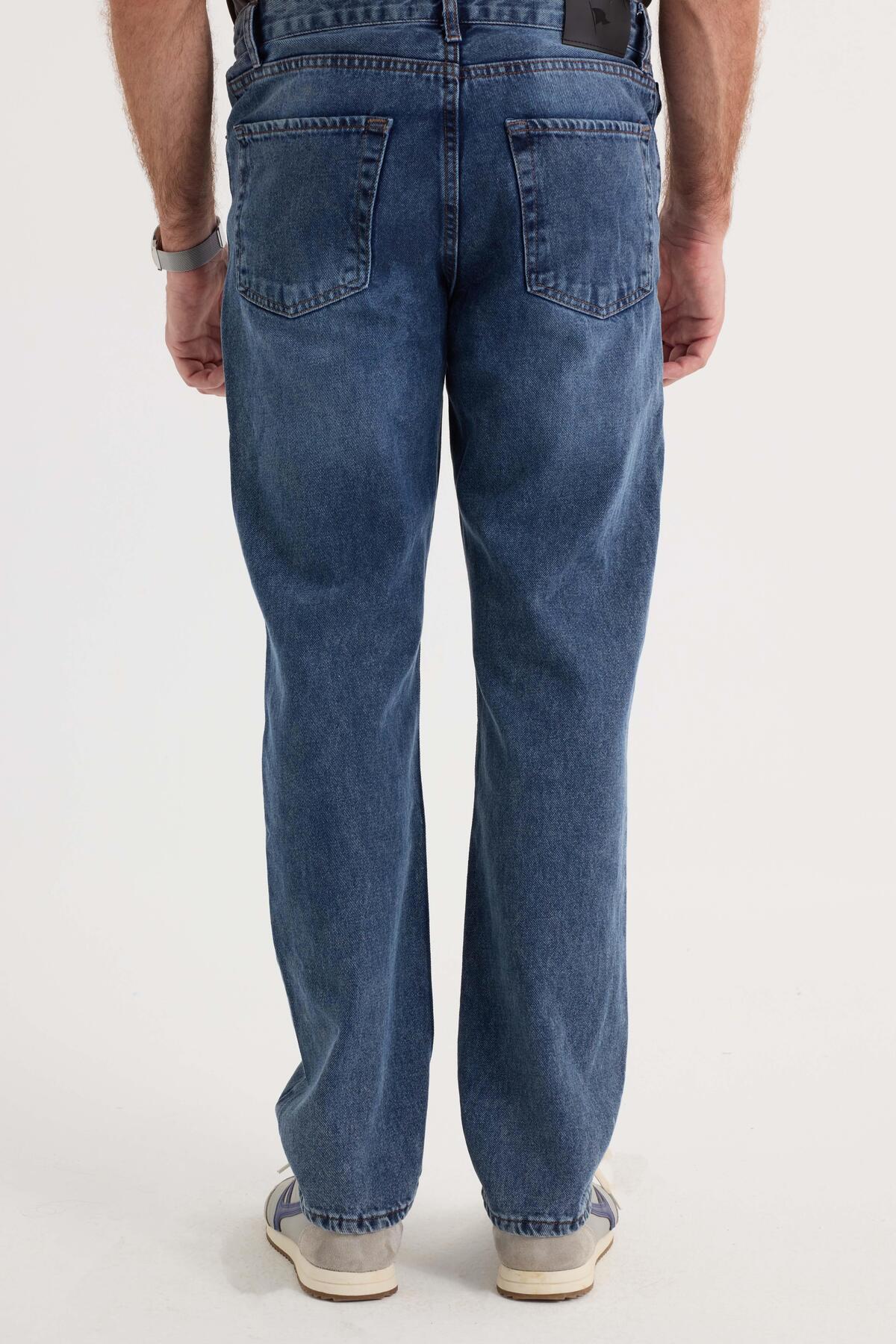Tudors  Erkek Regular Fit %100 Pamuk Yan Cepli Baggy Lacivert Jean Kot Pantolon - Görsel 7