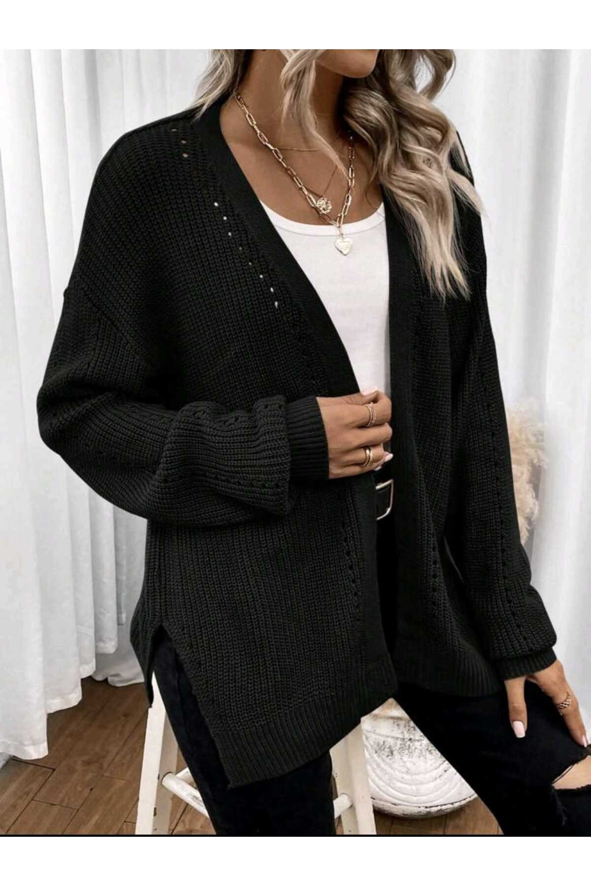 SolQ  Oversize Linksli Düğmesiz Uzun Salaş Kadın Triko Hırka - Görsel 3