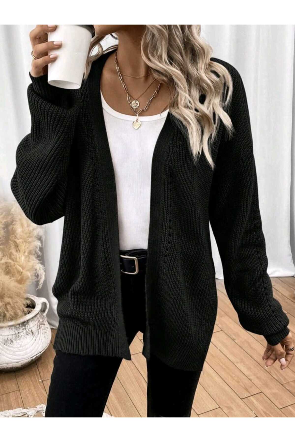 SolQ  Oversize Linksli Düğmesiz Uzun Salaş Kadın Triko Hırka - Görsel 6