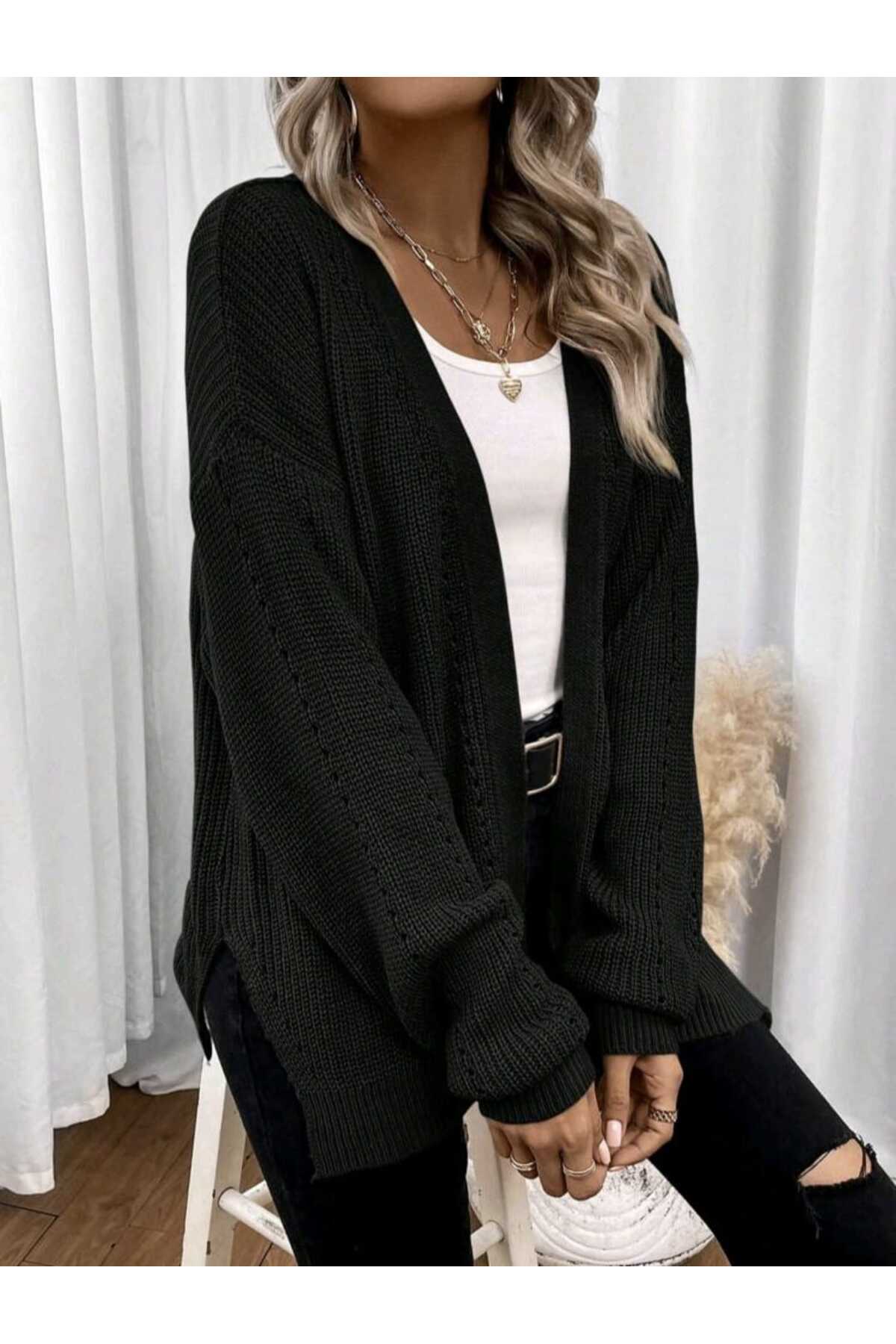 SolQ  Oversize Linksli Düğmesiz Uzun Salaş Kadın Triko Hırka - Görsel 5