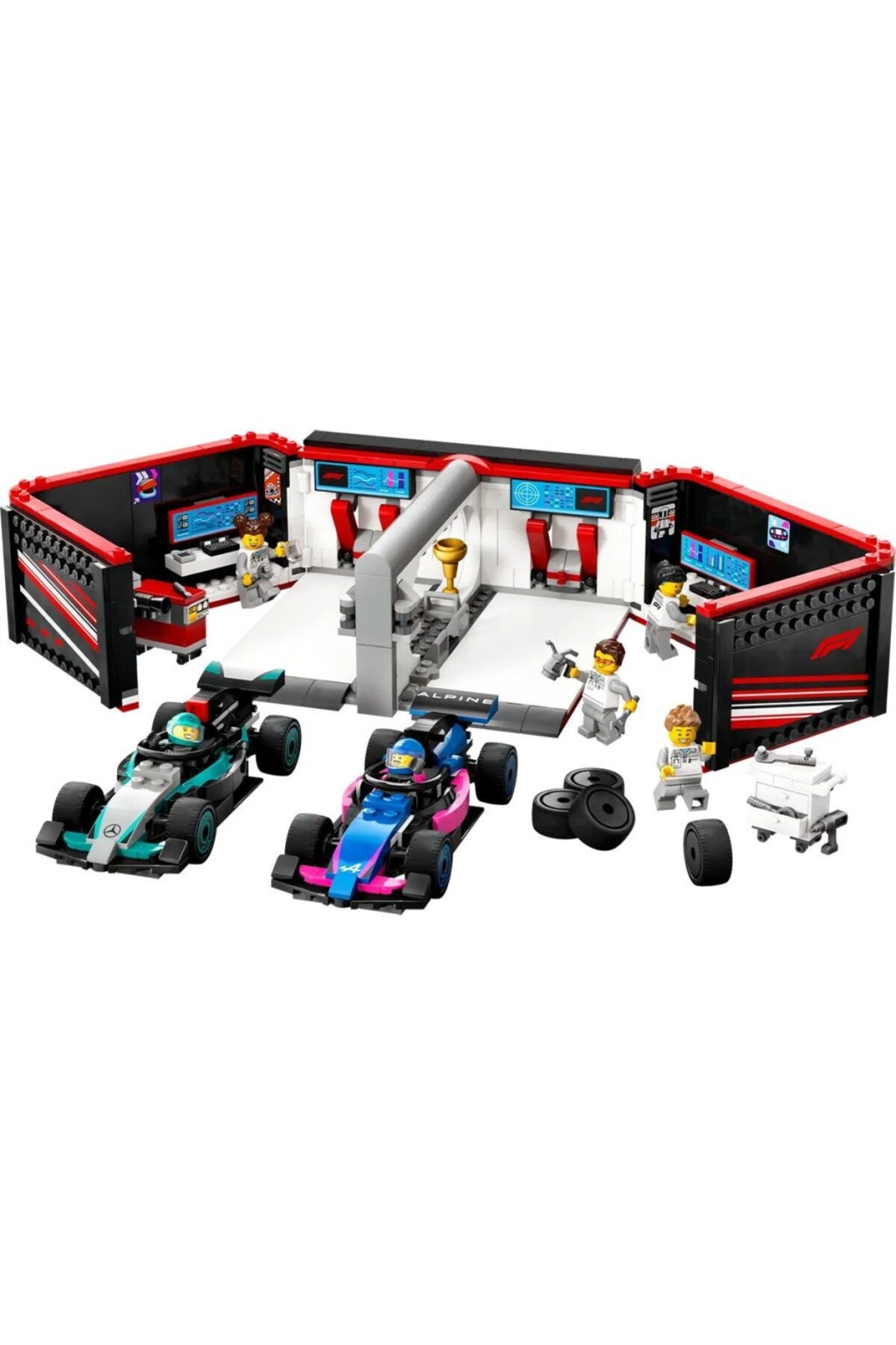 Nessiworld 60444 اسباب‌بازی ساختنی شهرک F1 گاراژ و خودروهای مرسدس-آم‌جی و آلپاین ۶۷۸ قطعه +۷ سال