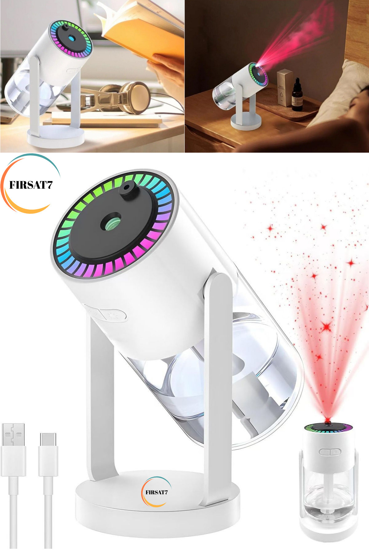 Fırsat7 Yıldız Projektör 280ml Hava Nemlendirici Buhar Makinesi Aroma Difüzör LED Işıklı Araç Nemlendirici