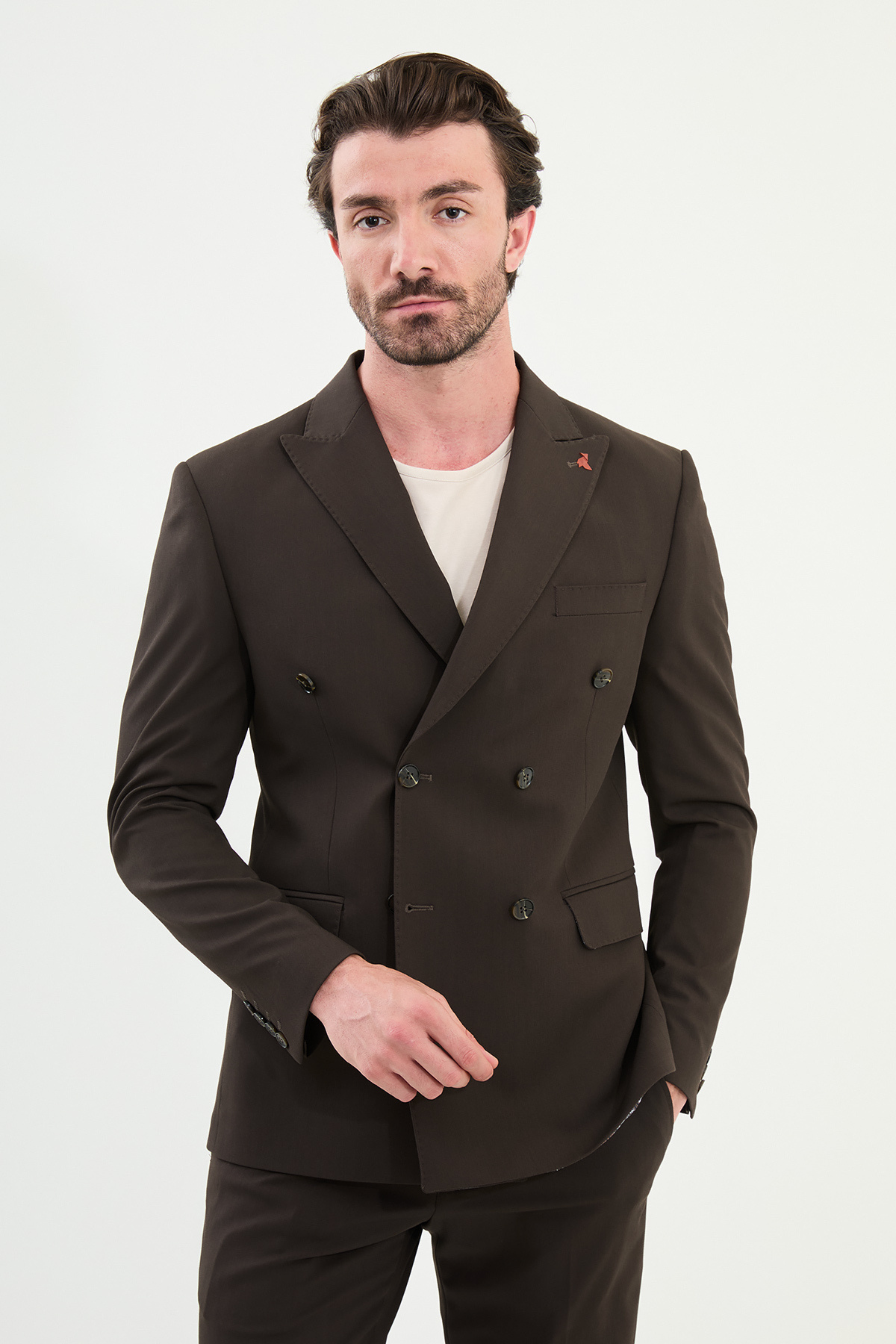 Düz Slim Fit Geniş Yaka Kruvaze Erkek Takım Elbise Kahve - 45392.25Y — رنگارنگ