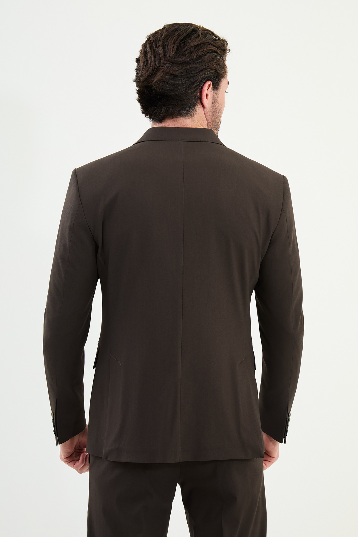 Düz Slim Fit Geniş Yaka Kruvaze Erkek Takım Elbise Kahve - 45392.25Y — رنگارنگ — تصویر 5 از 6